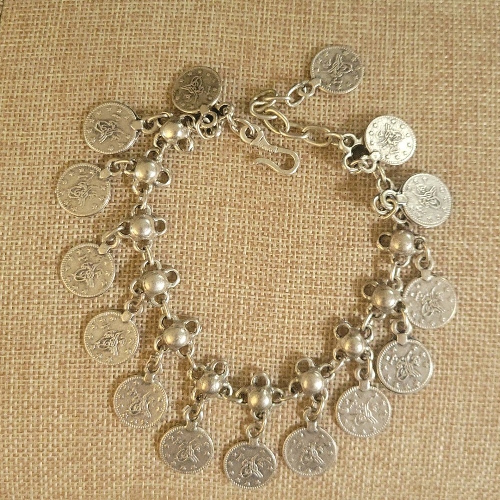 Silver Tone Turkish Ottoman Coin Dangle Anklet 10 Inch Ethno
